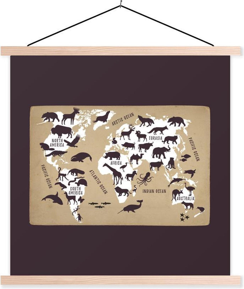 Wereldkaart Kinderen - Wit - Bruin - 60x60 cm - Schoolplaat