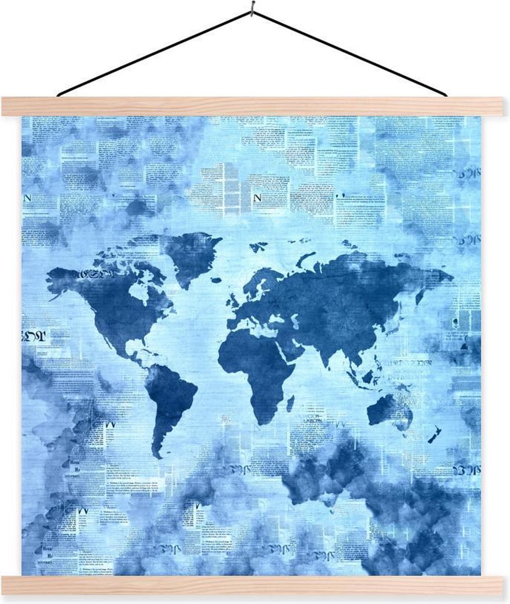 Schoolplaat - Wereldkaart - Abstract - Blauw - 40x40 cm - Blanke latten