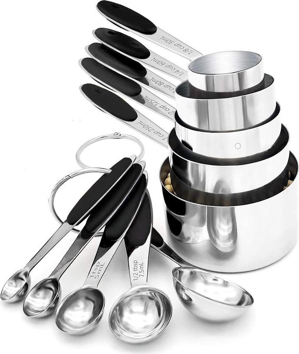 10-delige set Maatlepels & Maatbekers - Hoogwaardig Roestvrij staal (RVS) - Maatlepel Set - Maat Cups & Spoons - met exacte hoeveelheden