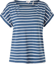 s.Oliver Dames Gestreept Shirt Dames Korte Mouwen - Brede Halslijn - Losse Pasvorm - 100% Katoen - Blauw met Wit - Maat L (40)