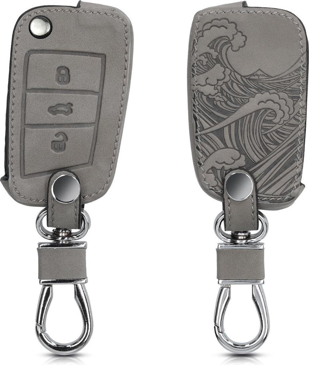kwmobile autosleutelhoes voor VW Golf 7 MK7 3-knops autosleutel - beschermhoes van imitatieleer - Golven design - grijs