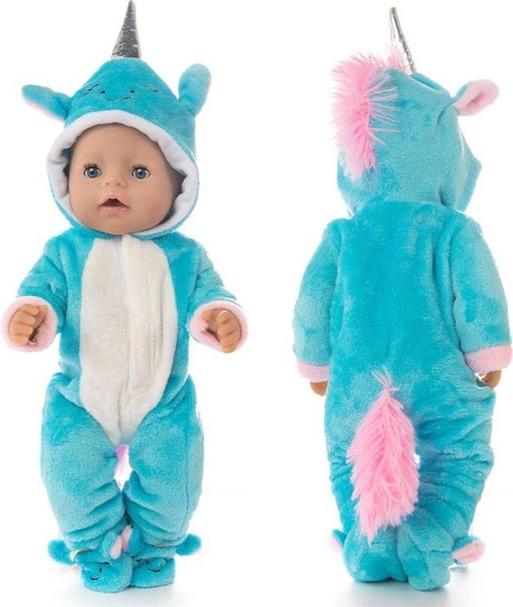 Dolldreams - Eenhoorn Onesie met slofjes - kleding voor poppen tot een lengte van 43CM - Blauw - Past op Baby Born