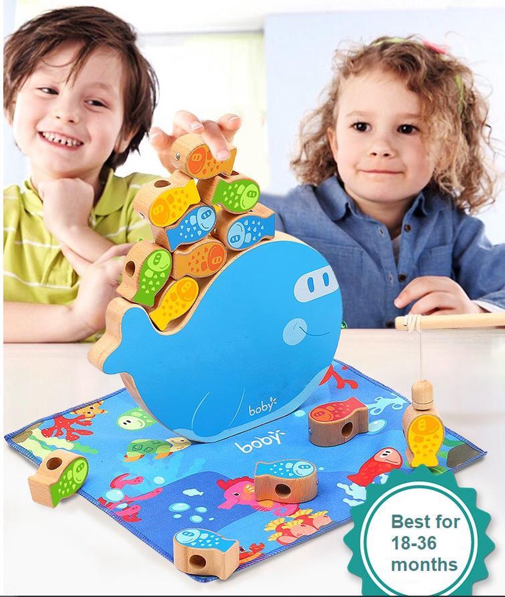 Boby 3-in-1 Luxe vissen Houten Magnetisch Visspel & Houten balanceren stapelspel & Rijgkralen - Leer tellen-rekenkundig - Fishing Game - Lacing Beads - Fijn Motorisch Vaardigheidsspeelgoed