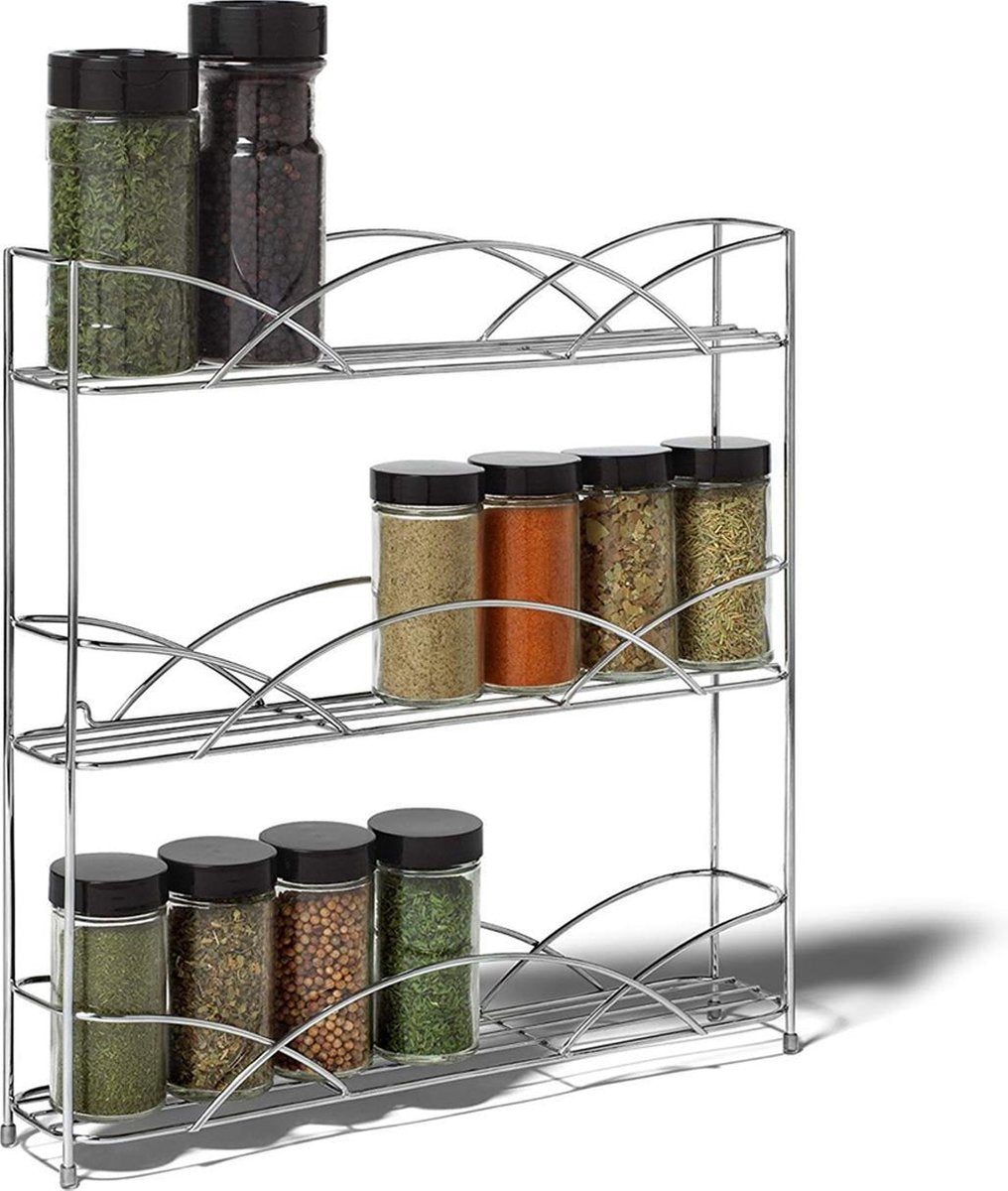 KitchenBrothers Staand Kruidenrek voor 21 Kruidenpotjes - Spice Rack – Keuken Rek - Kruiden Organizer - Specerijen Opbergen - 3 Laags - Chroom
