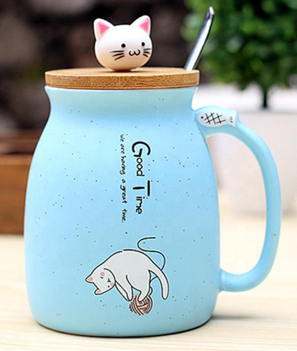 Mok bedrukt met Kat - Mok van keramiek met bamboe deksel en RVS lepel - Inhoud 400 ml - Blauw