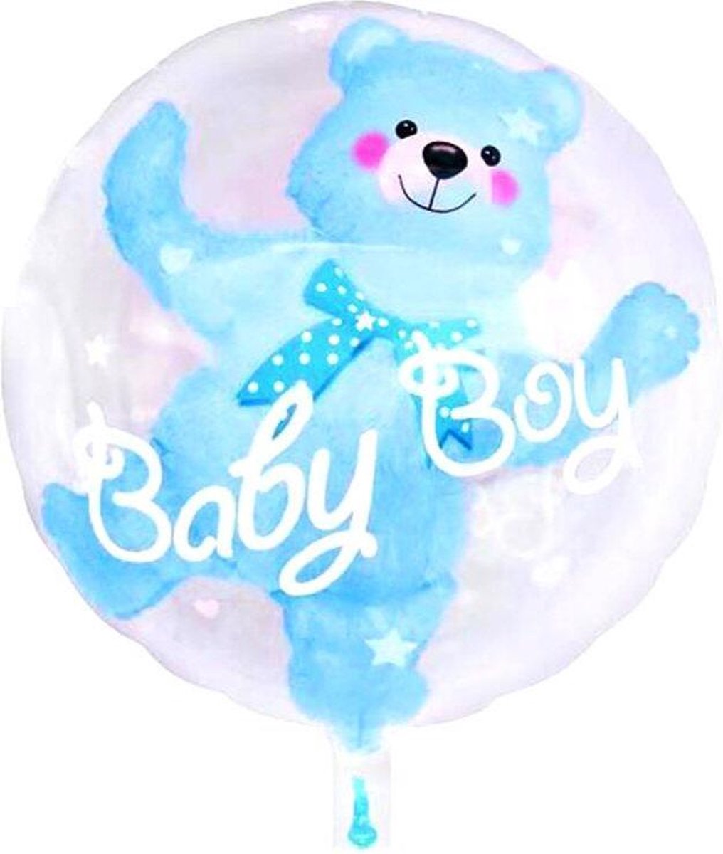 Een jongen geboren - ballon - baby boy - met beer die zich ook opblaast - rond - 57 centimeter doorsnede - geboorte - gender reveal - babyshower