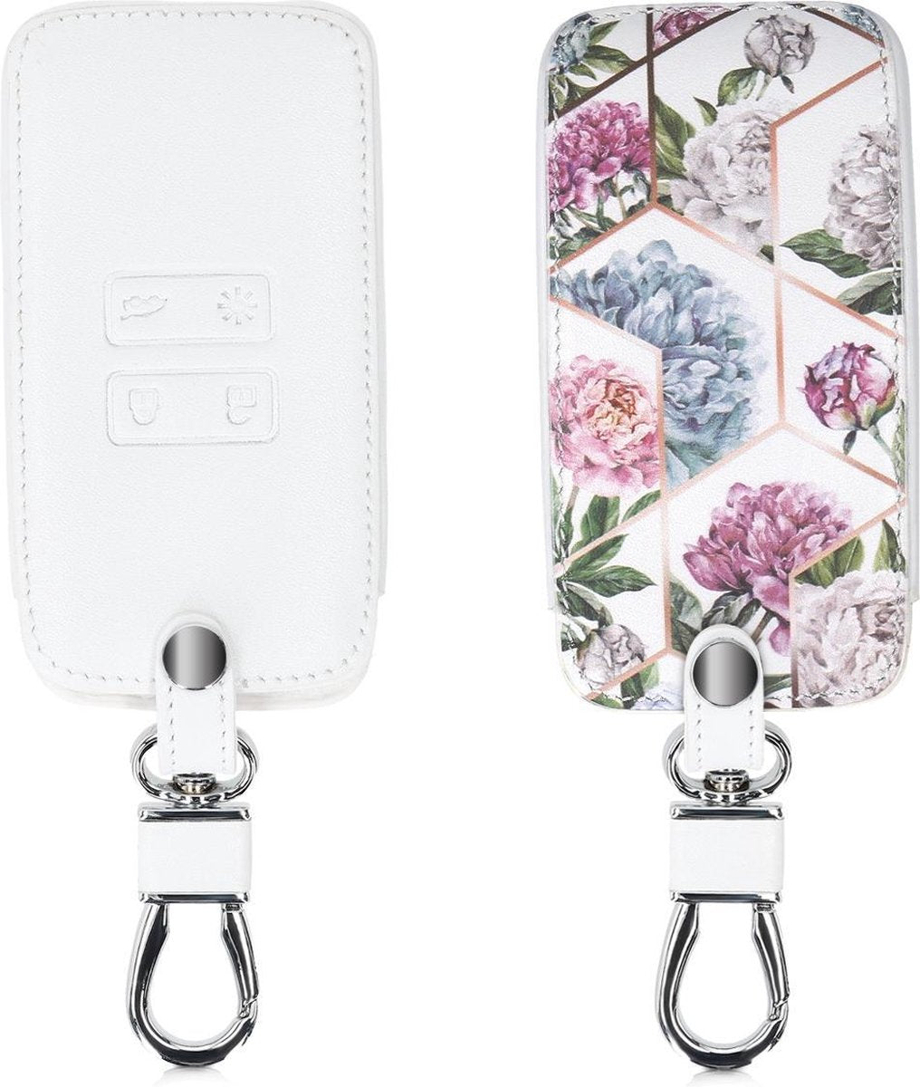 kwmobile imitatieleer hoes voor Renault 4 toetsen Smartkey autosleutel (alleen Keyless Go) autosleutels - imitatieleren bekleding auto sleutelhoes Gloriemix Pioenen design roze goud / roze / lichtblauw