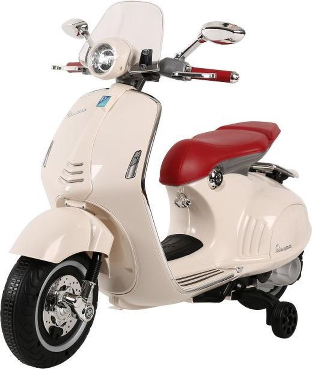 Elektrische Kinderscooter Vespa 946 Primavera GTS Wit 12V met Windscherm en Lederen zitting