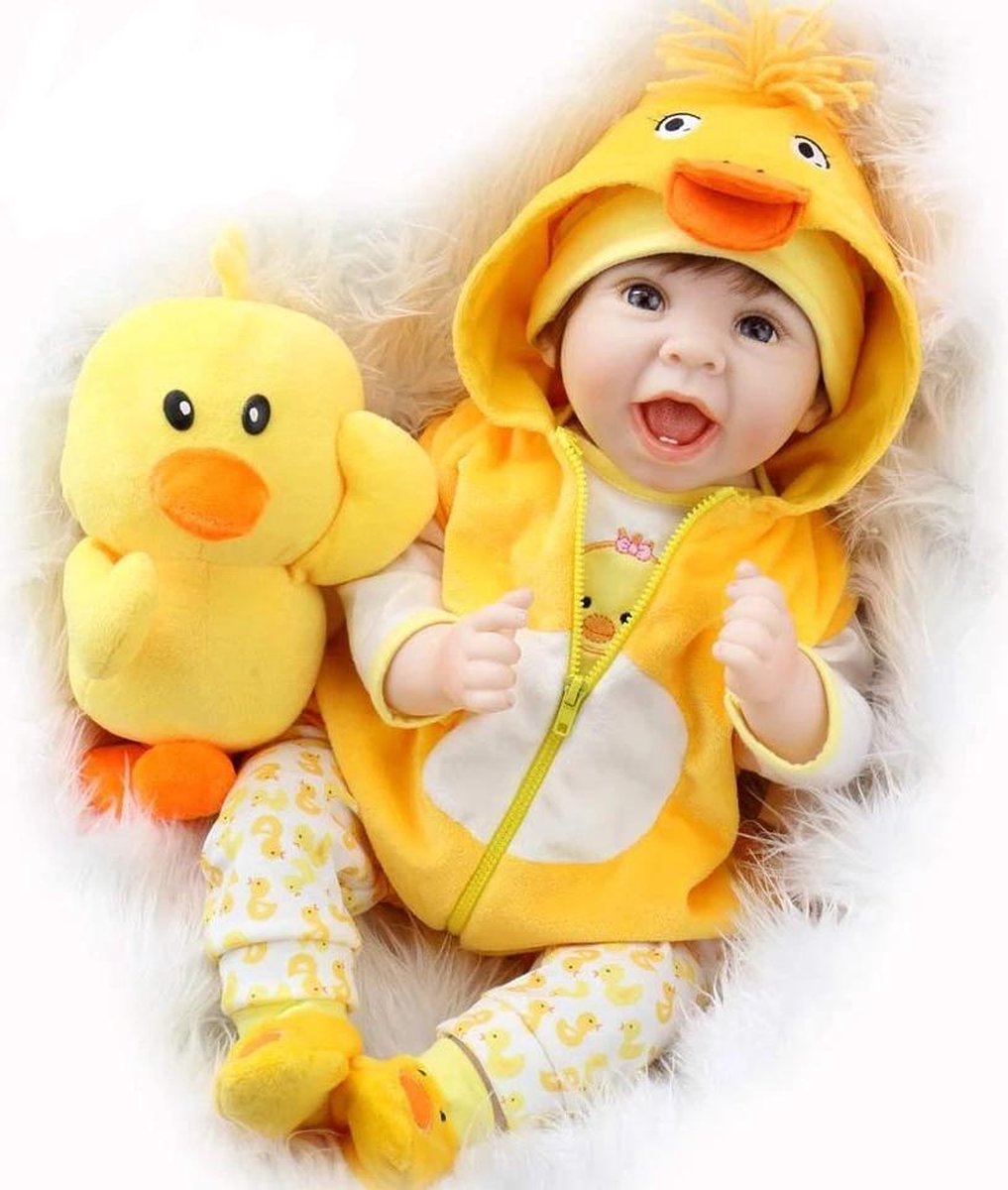 Reborn baby pop 'Charly' - 55 cm - Jongen met gele eend outfit - Met knuffel
