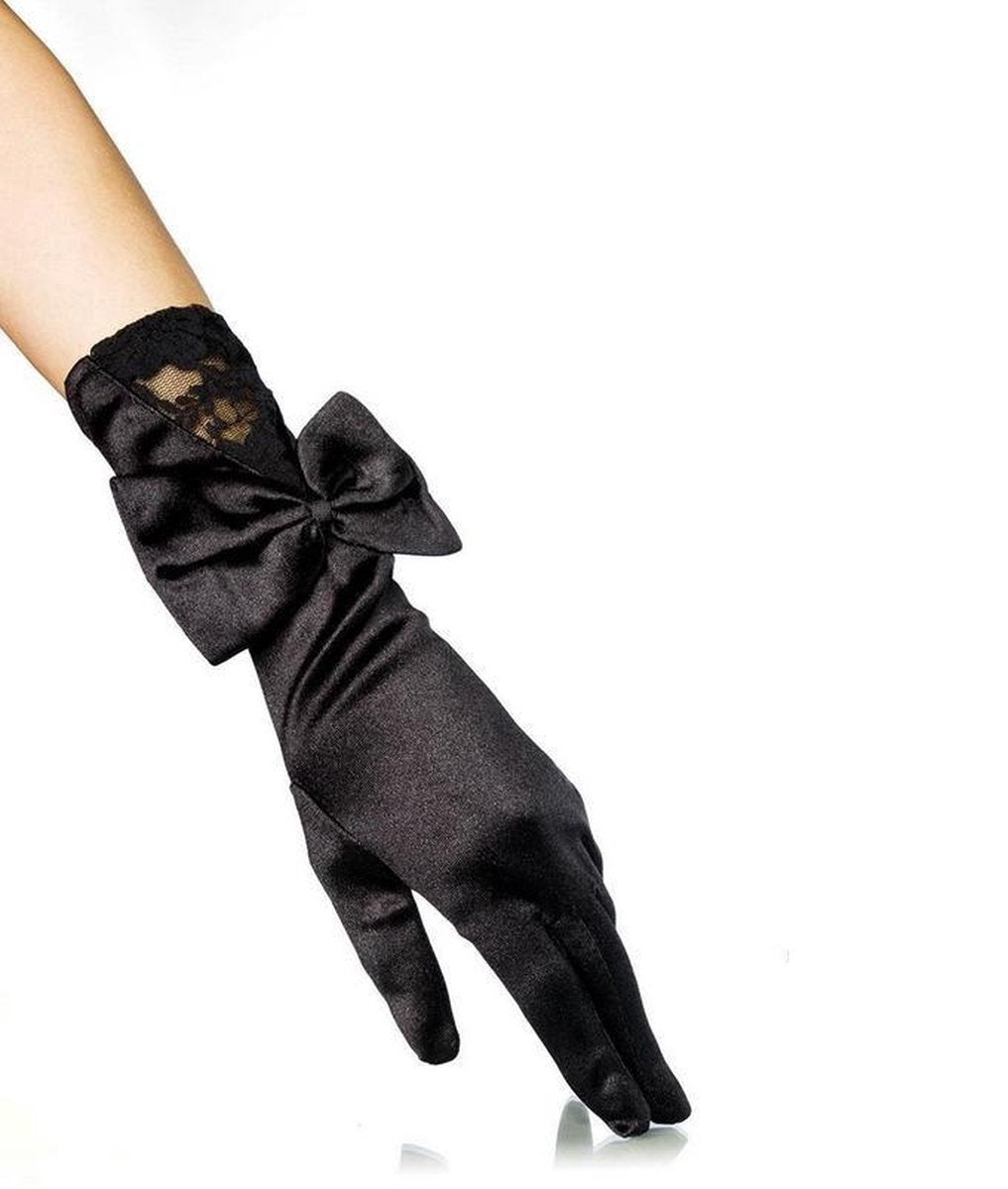 Zwarte halflange satijnen handschoenen met strik Yasmina (11817)
