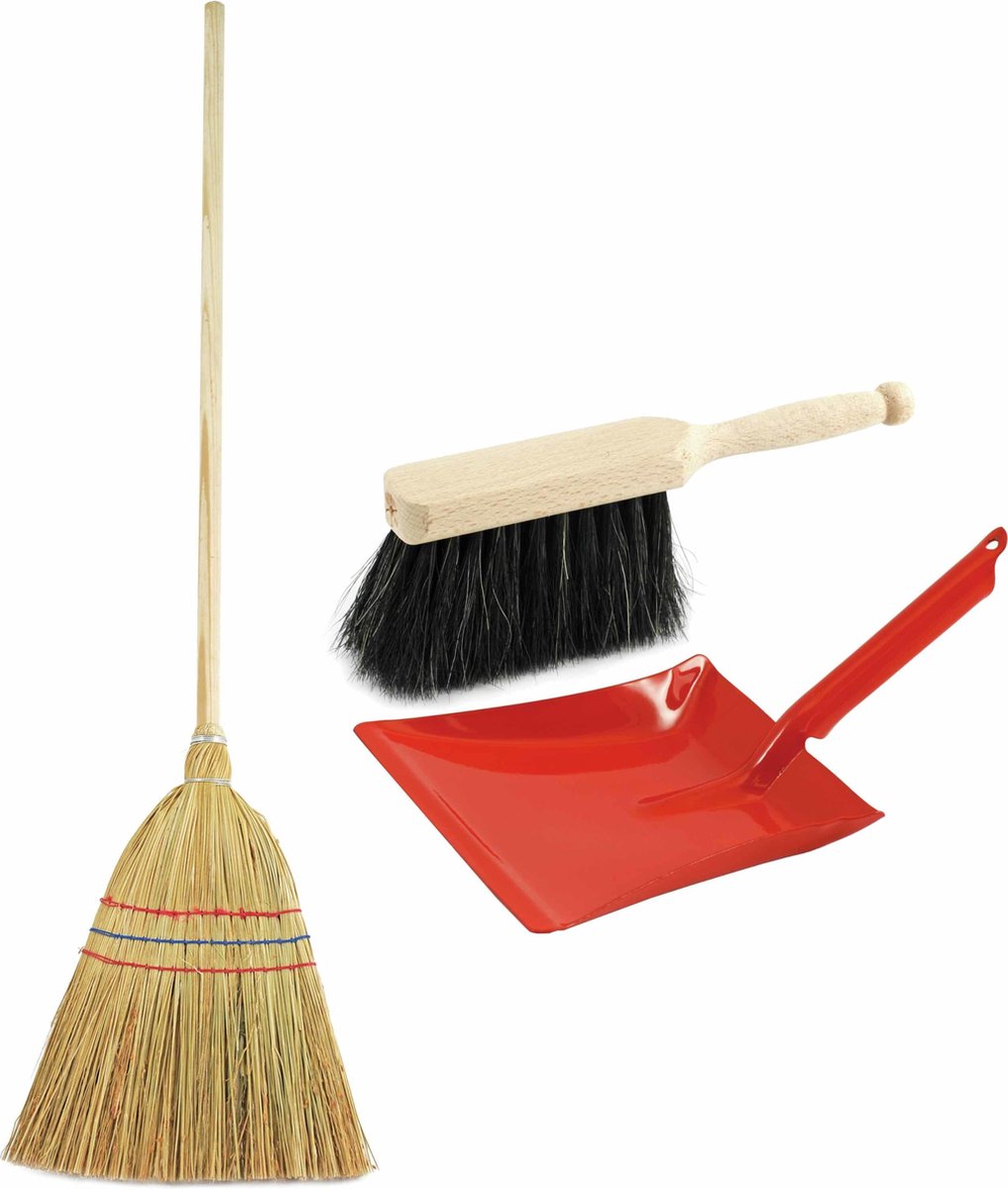 Kinder schoonmaak set 3-delig rood bestaande uit stoffer en blik en strobezem 75 cm