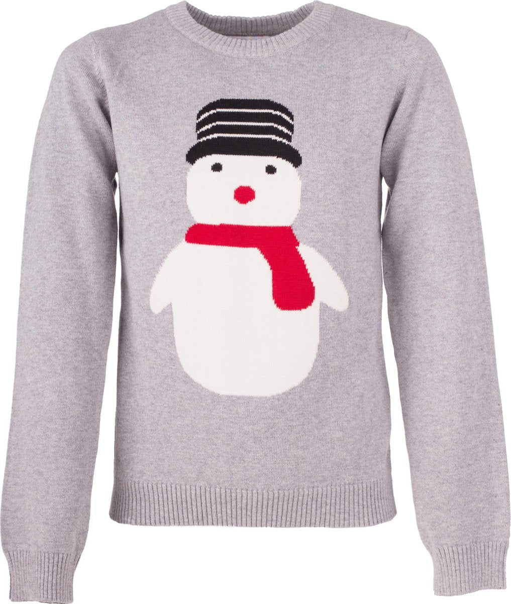Foute kersttrui - Grijs melange kerst trui met sneeuwpop – 116/122 – Incl. Giftbox