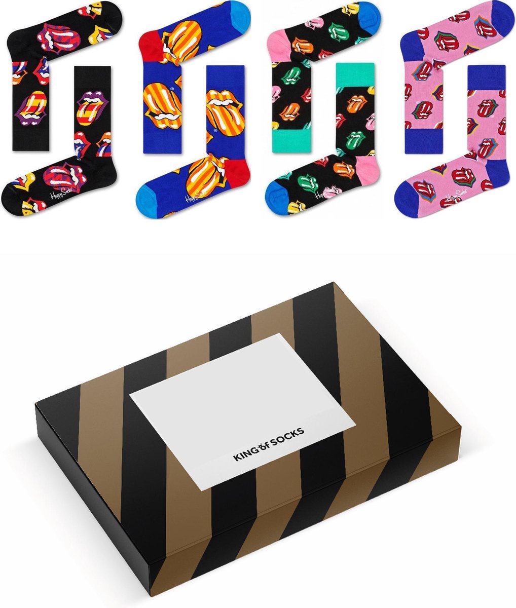 Happy Socks Dames sokken geschenkverpakking/4-pack - Dames sokken 36-40 – 4 paar Rolling Stones X Happy Socks sokken + verpakking van King of Socks - Rolling Stones sokken