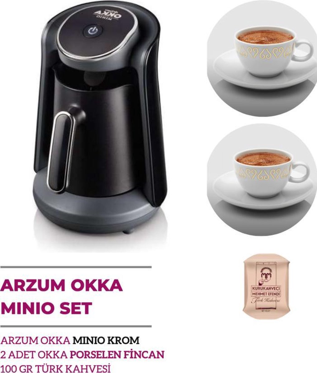 Arzum OKKA Minio GIFT SET1 |OKKA Minio Turkse Koffiemachine/ Turk kahve makinasi Zilver/ Zwart + 2 Koffie Cups + Turkse Koffie | Cadeauset
