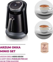 Arzum OKKA Minio GIFT SET1 |OKKA Minio Turkse Koffiemachine/ Turk kahve makinasi Zilver/ Zwart + 2 Koffie Cups + Turkse Koffie | Cadeauset