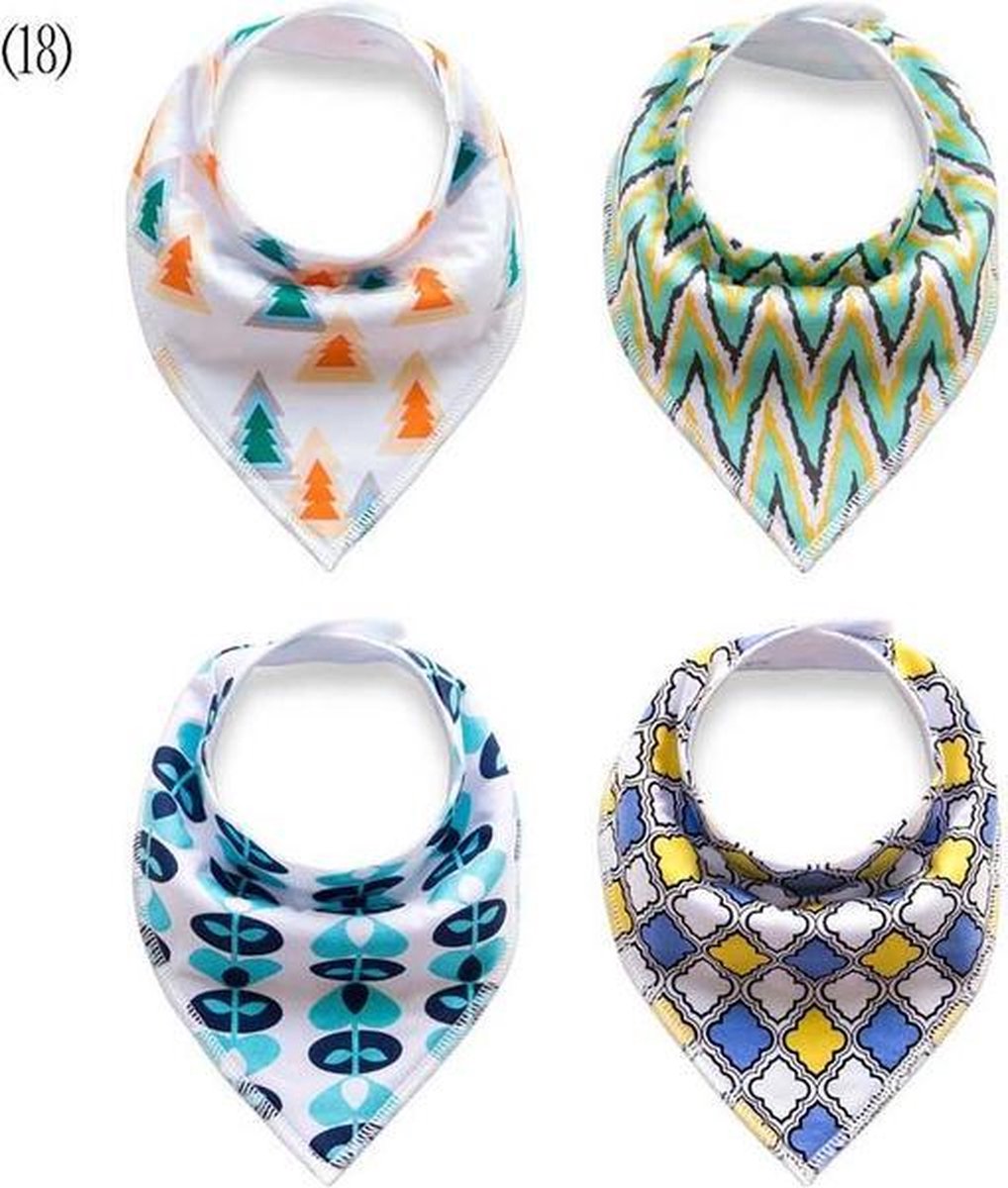 JillyBee - Slab - Slabbetje - Slabber - Bandana - 4pack - Bomen - Bloemen - ZigZag - Blaadjes - Blauw - Geel - Groen - Wit - Oranje