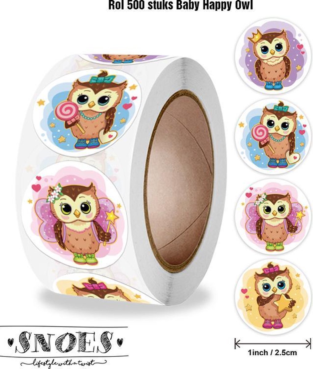 Snoes - sluitstickers 500 stuks - stickerrol - Vrolijke Uiltjes - beloningsstickers - stickers voor kinderen - schoolspullen - onderwijs - stickervellen - peuters - kleuters - Happy Baby Owl - Gelukkige baby uil - cadeau - kado - inpakken