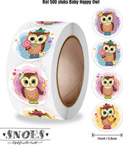 Snoes - sluitstickers 500 stuks - stickerrol - Vrolijke Uiltjes - beloningsstickers - stickers voor kinderen - schoolspullen - onderwijs - stickervellen - peuters - kleuters - Happy Baby Owl - Gelukkige baby uil - cadeau - kado - inpakken