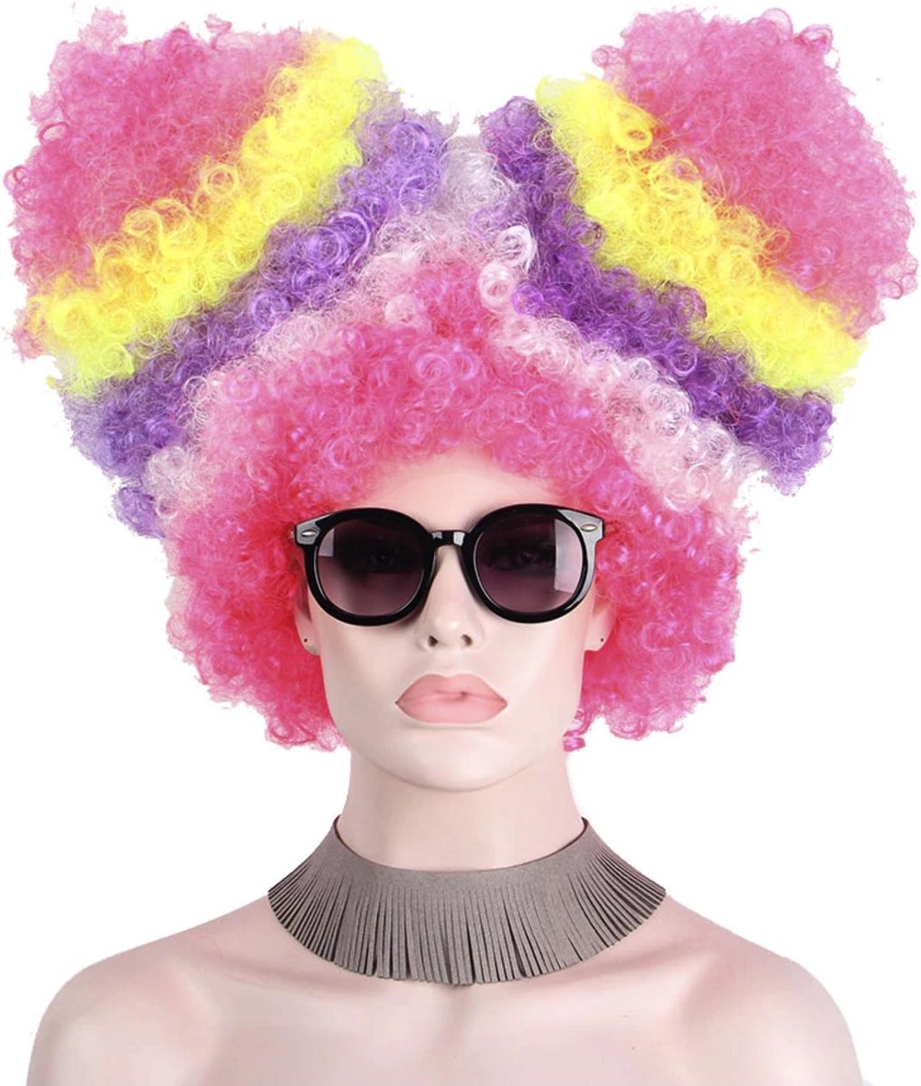 KIMU luxe suikerspin pruik roze afro staarten - clown regenboog eenhoorn