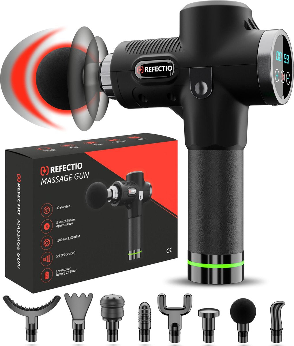 Refectio® Professioneel Massage Gun met gratis opbergkoffer- Klopmassage & Compressie Massage Apparaat – 30 intensiteit standen -1200 t/m 3300 RPM Massage Pistool