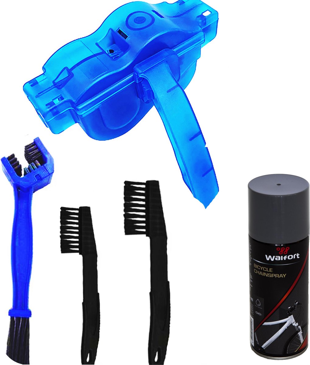 Fietsketting reiniger incl. 3 borstels - Fiets accessoires - Ketting schoonmaken - 6 delig - Fiets Onderhoud - Racefiets - Fietsgereedschap - Kettingborstel - Schrobber - Spray Fietsketting Reiniger – Smeren - Bike Chain Cleaner