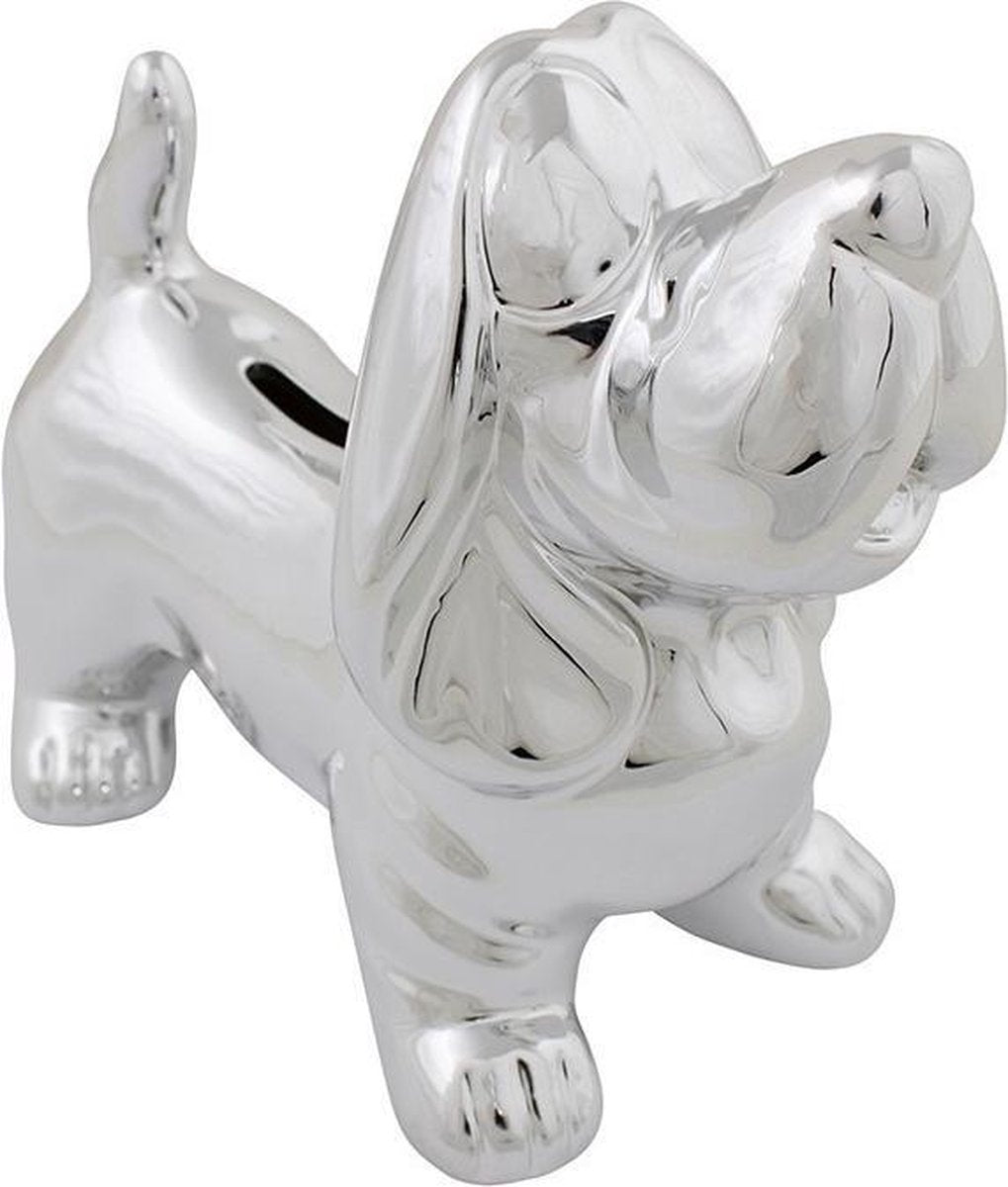 Dieren spaarpot zilveren teckel 18 cm - Honden cadeau spaarpotten