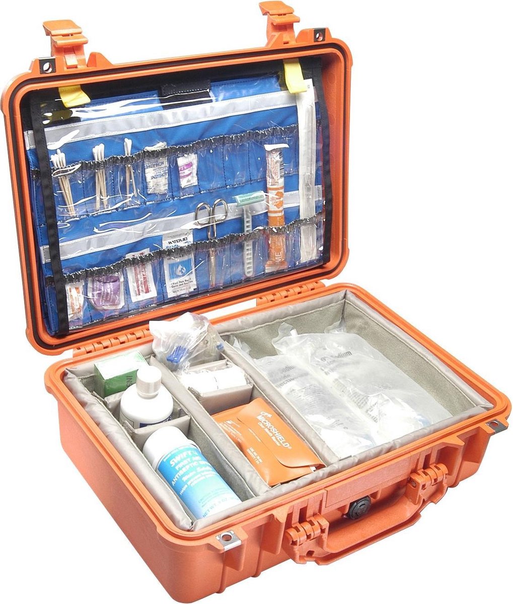 Peli 1500 Case Oranje EMS uitvoering  - EMS Kit deksel interieur en klittenbandvakverdeling