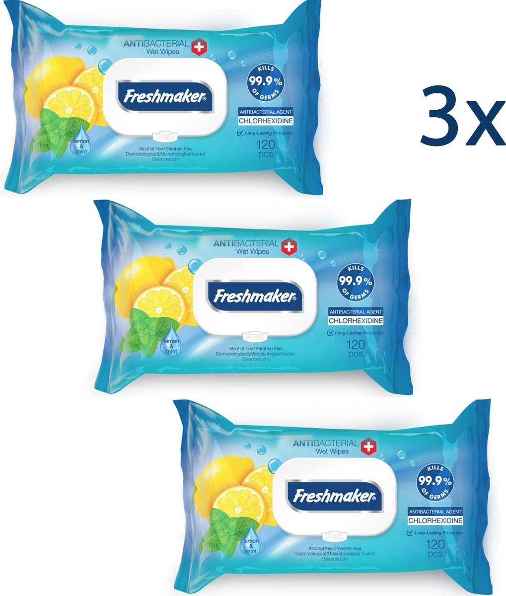Freshmaker Antibacteriële doekjes - 3x120 stuks - Hygiënisch - Vochtige doekjes voor diepe reiniging - Deurknoppen/ Stoelen/ Tafels/ Toilet - Frisse geur