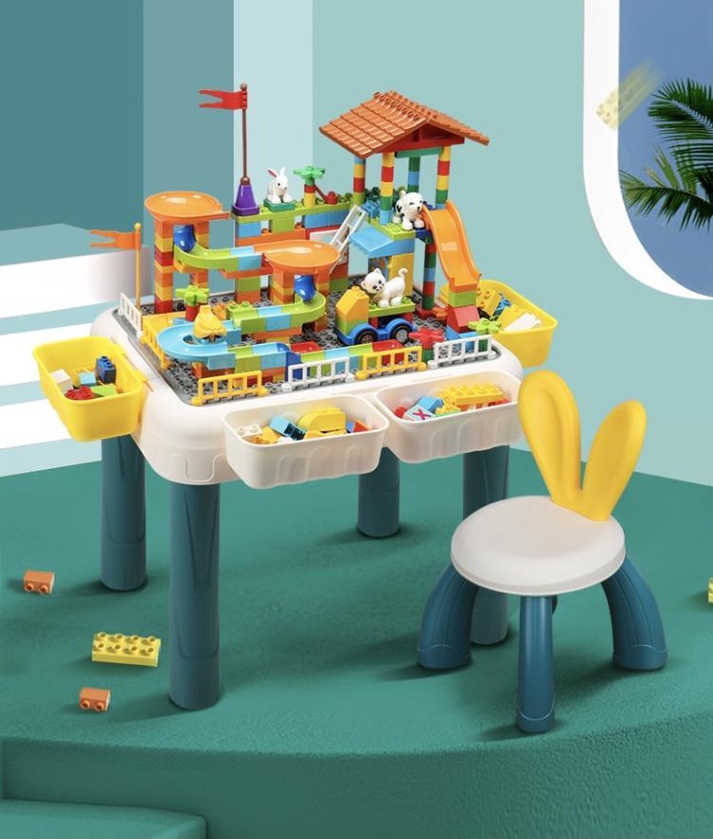 Kinder Blokkentafel | Bouwtafel 4 in 1 | INCL. GRATIS Bouwstenen | Kindertafel met stoeltje | Water Speeltafel | Activiteitentafel Tekentafel | Bouwtafel compatibel met LEGO (DUPLO)