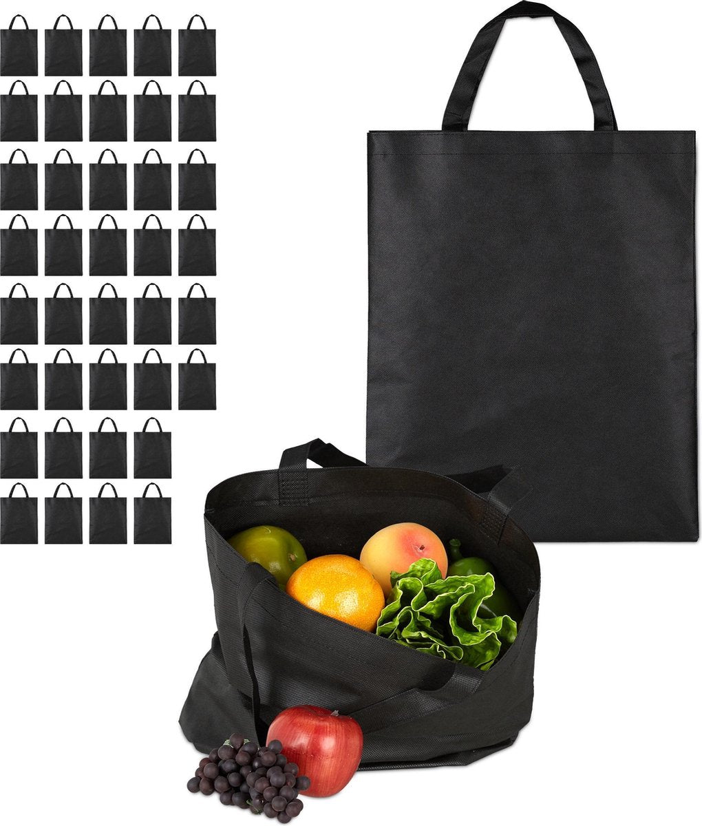 relaxdays 40 x boodschappentas - stoffen tas - effen gekleurd opvouwbaar - 50x40 - zwart