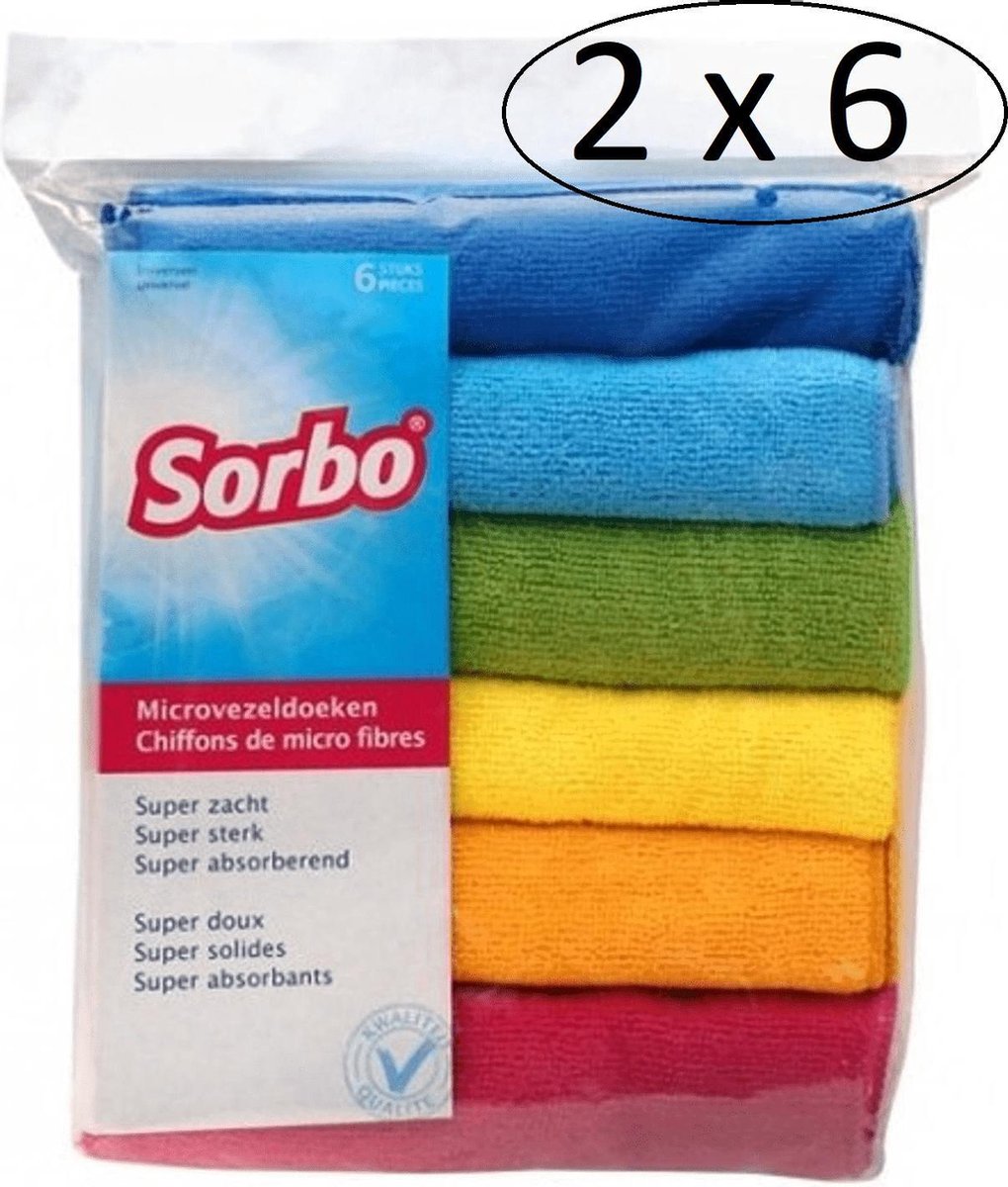 12 stuks Sorbo microvezeldoek gekleurd 40 x 40 cm - Vaatdoeken microvezel - Micorvezeldoekjes (2 x 6 )