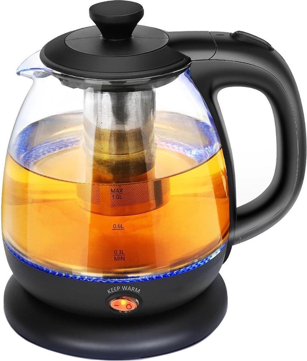 Waterkoker - Igna Abely - LED Verlichting - Theefilter - 1 Liter - 2200 Watt - RVS/Glas - Zwart