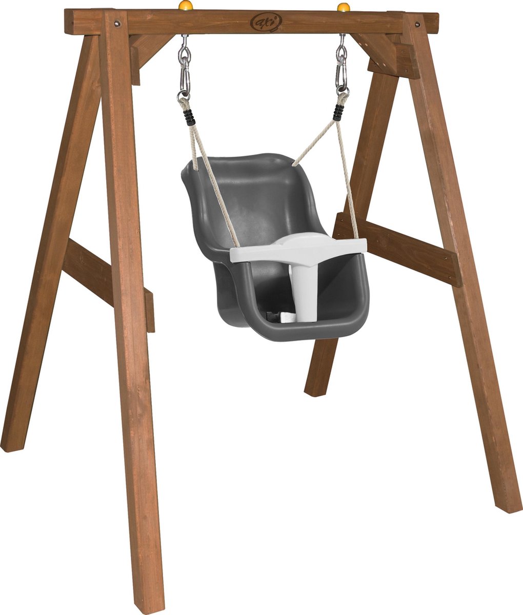 AXI Baby Schommel Bruin met zitje Grijs/wit - FSC hout - 9-36 maanden - met 4 grondankers