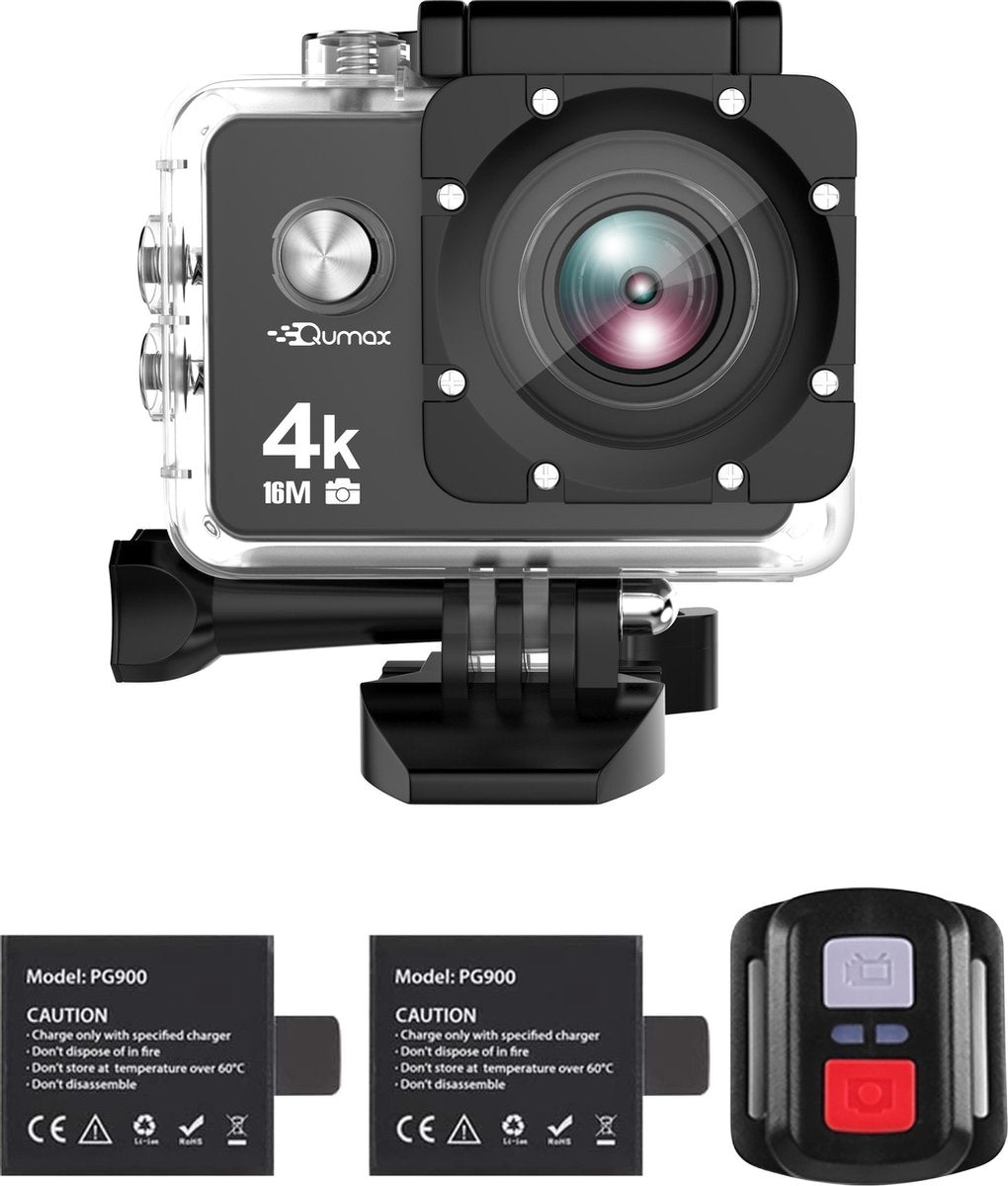 Qumax 4K Action Camera met Accessoires - Actioncam - WiFi - Waterdichte Case - Afstandsbediening - Complete Set