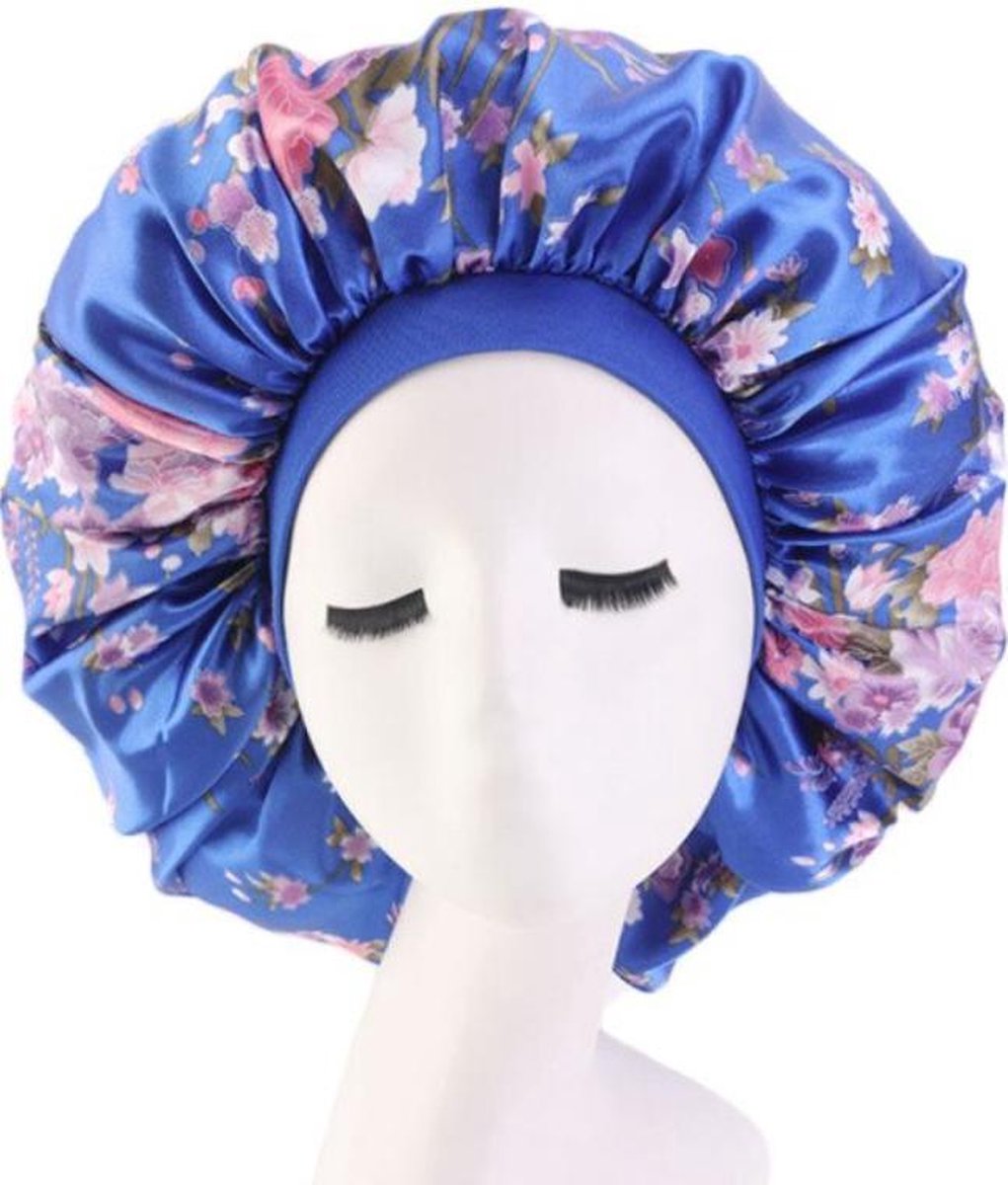 Cabantis Bonnet Satijn - Polyester XXL|Slaapmuts Satijn|Hoofddeksel|Unisex|Bloemenpatroon|Blauw-Roze