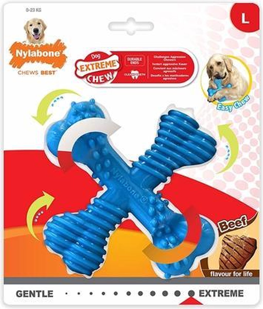Nylabone extreme chew x-bone beef blauw - <23 kg - 1 stuks