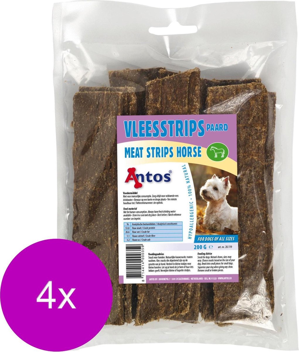 Antos Vleesstrips 200 g - Hondensnacks - 4 x Paardenvlees