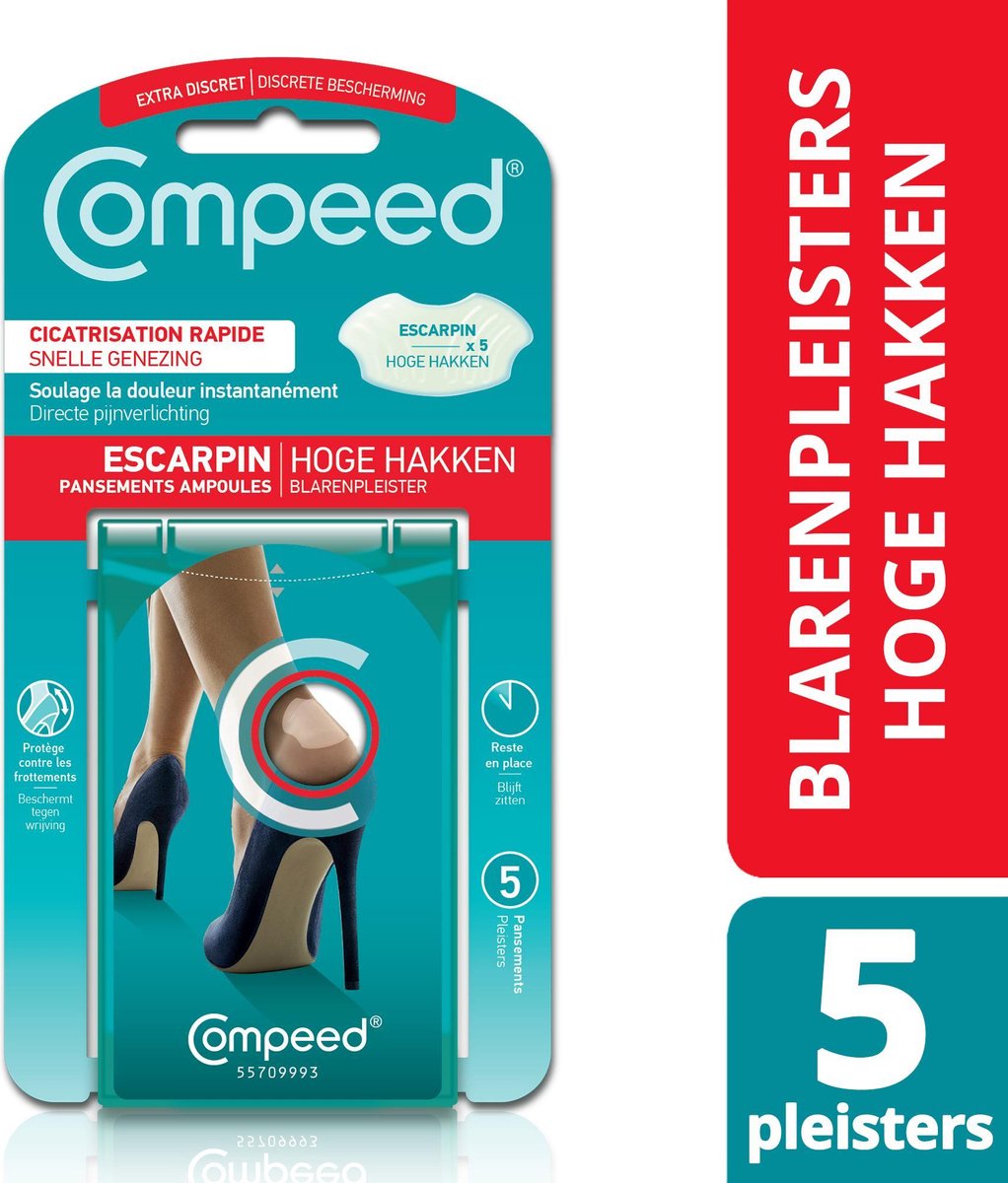 COMPEED® Blarenpleisters Hoge Hakken (5st). Compeed verlicht direct je pijn bij blaren! Speciaal ontwikkeld voor gebruik bij dragen van hoge hakken. Prijs is inclusief verzendkosten.