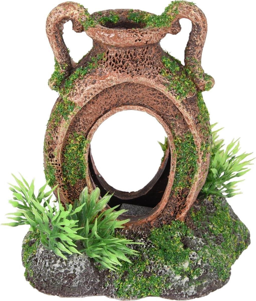 Aquarium decoratie Moza kruik + plant - 10 x 7 x 11 cm