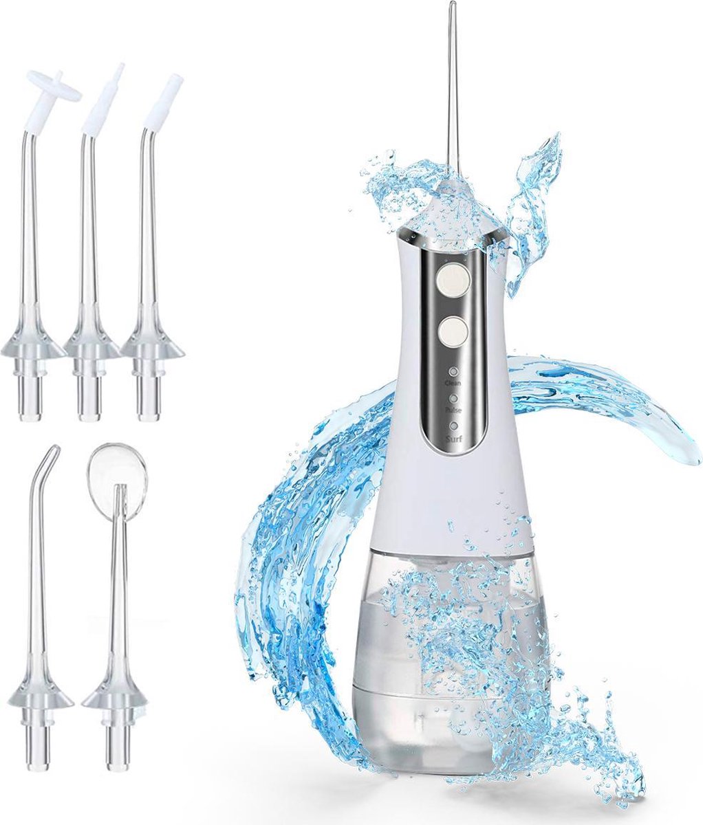 Yonovo® Waterflosser Pro Draadloos Wit - 350ml 3 Elektrische Reinigingsstanden - 5 opzetstukken - Monddouche - Tandsteenverwijderaars - Flosapparaat - Waterdicht - Professionele - Wit