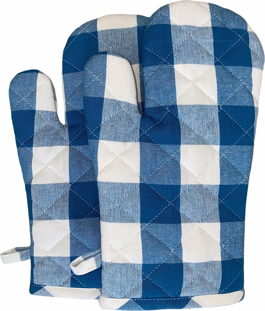 Ovenwanten 2 stuks | 100% Katoen | 30 x 15 CM | Ovenhandschoenen | Hittebestendig | Keuken | Koken | Grip | Blauw | Wit | Geruit |