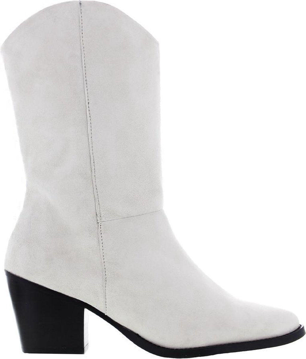Tango | Ella square 12-e Kim kotter bone white kid suede boot - black heel | Maat: 36