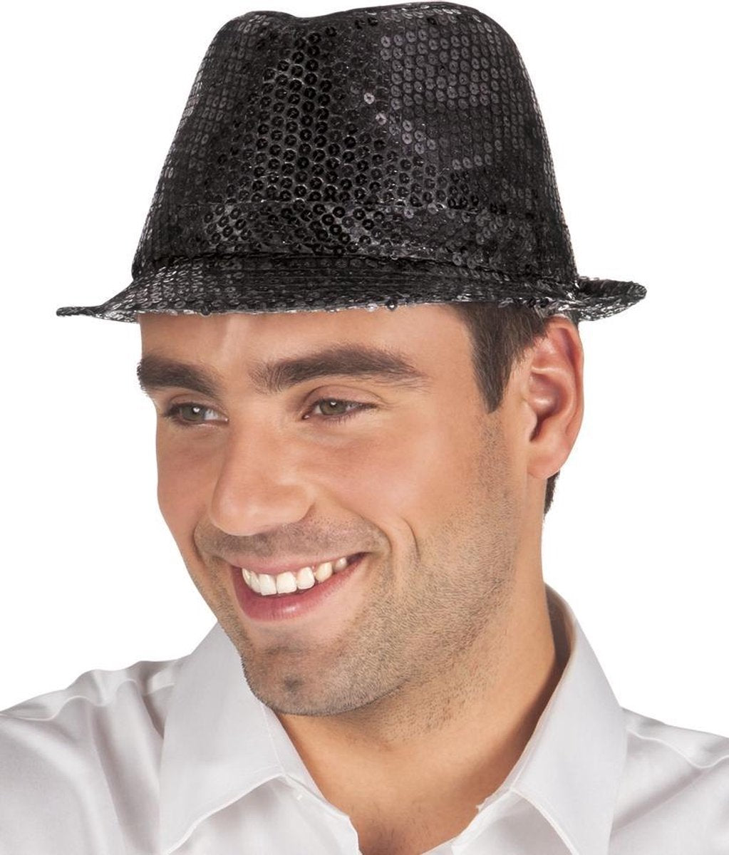 12 stuks: Hoed Popstar Pailletten - zwart