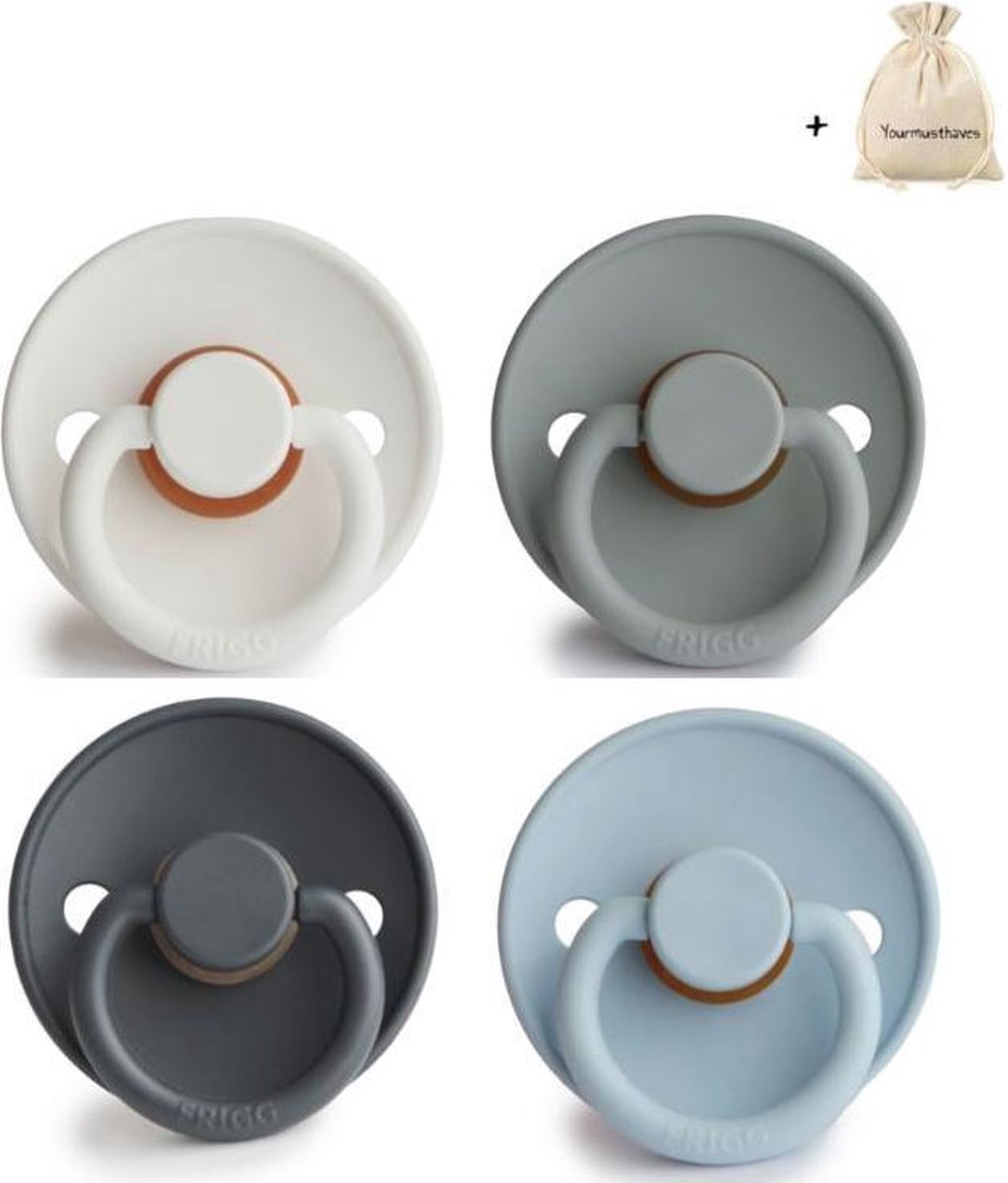 FRIGG | Fopspeen set 4 stuks | T2 | 6-18 maanden | Classic | Silicone | Bright White + French Gray + Graphite + Baby Blue | Met YOURMUSTHAVES speenzakje
