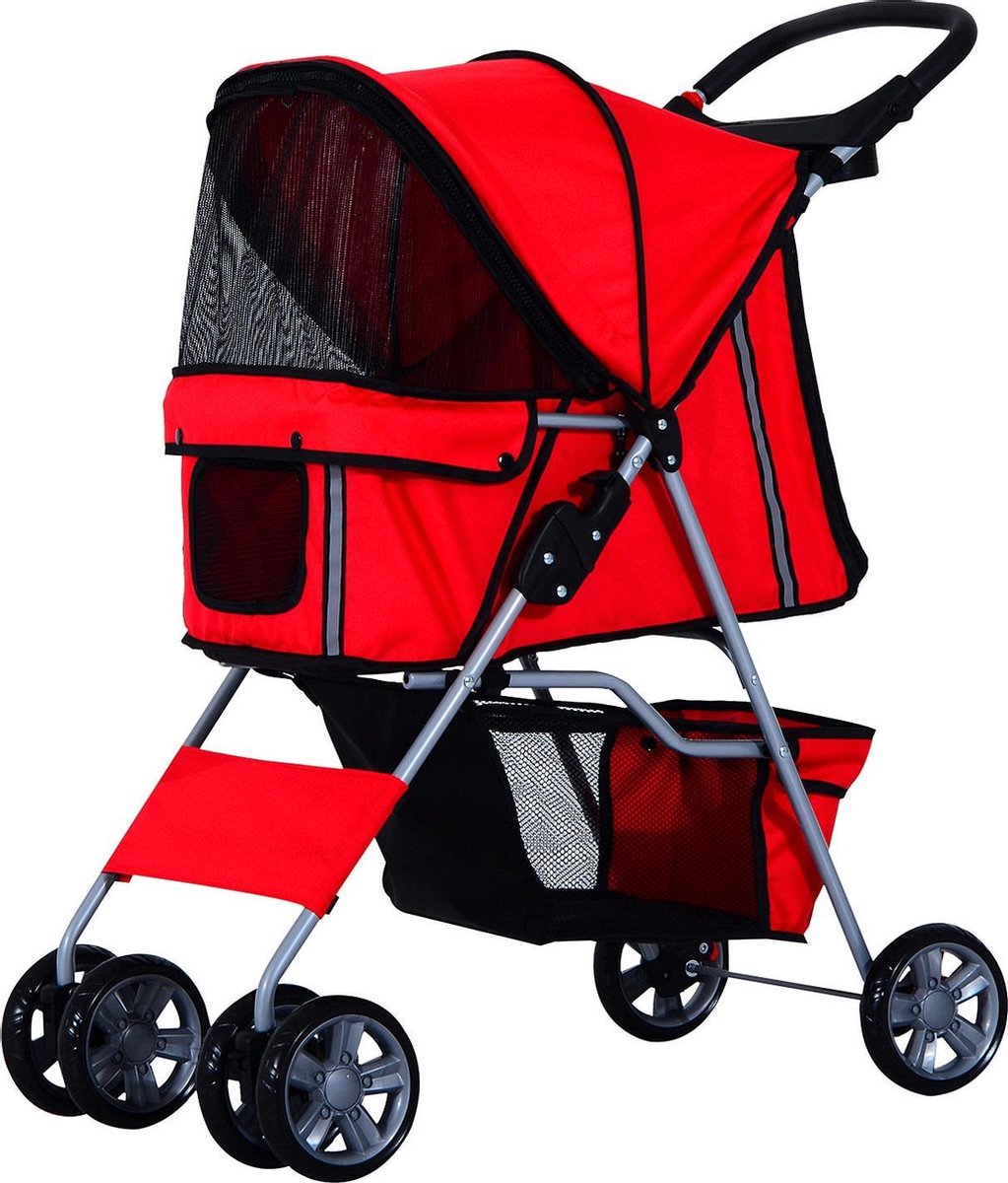 PawHut Hondenbuggy met zonnedak en opbergnet rood 75 x 45 x 97cm