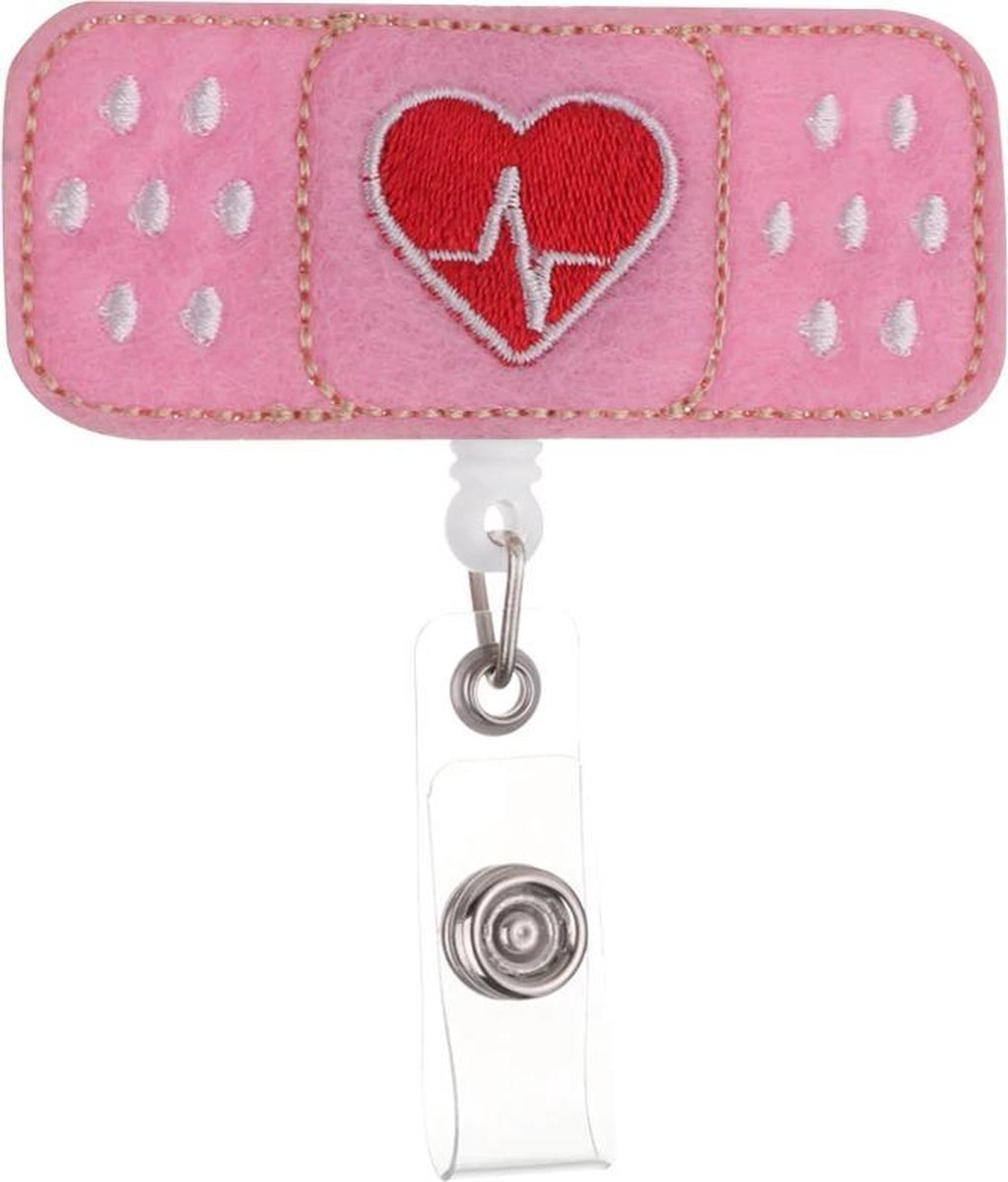 Badgehouder met trekkoord 60 cm - 360 graden clip - afrolmechanisme - pleister hart roze