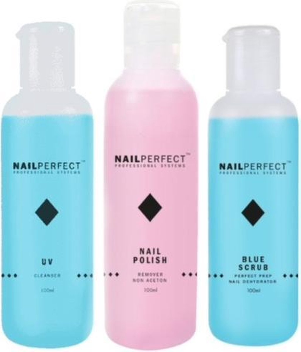 Nagel vloeistoffen Set voor het voorbereiden en verwijderen van Gel nagels - UV Cleanser - Remover - Blue Scrub - 300 ml