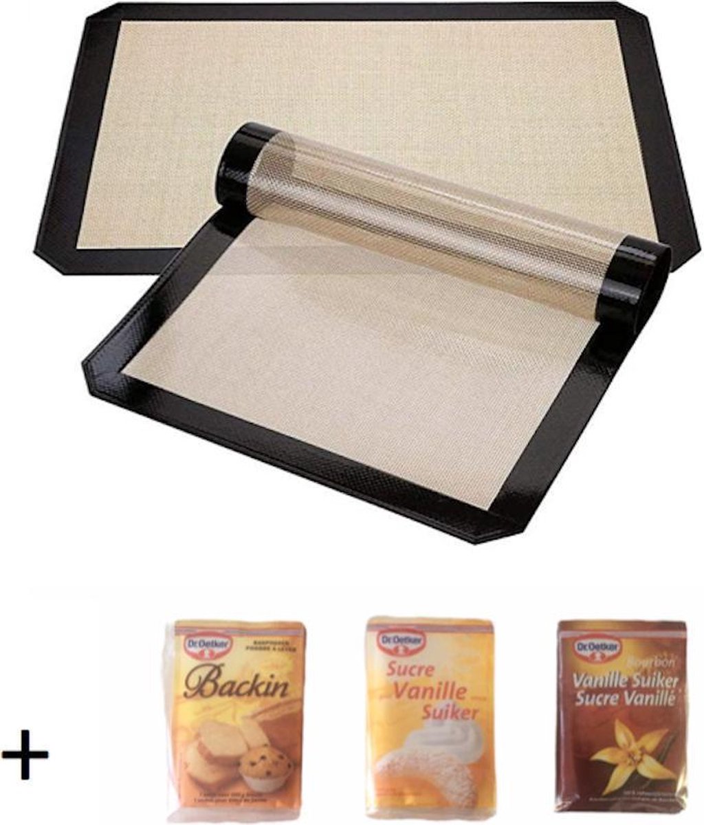 siliconen bakmat - inclusief 3 bakproducten – 30 x 40 cm – hygiënisch en onderhoudsvriendelijk – herbruikbaar - hittebestendig tot 250°C – beige met zwarte rand  - met 15 pakjes suiker en 5 pakjes bourbon