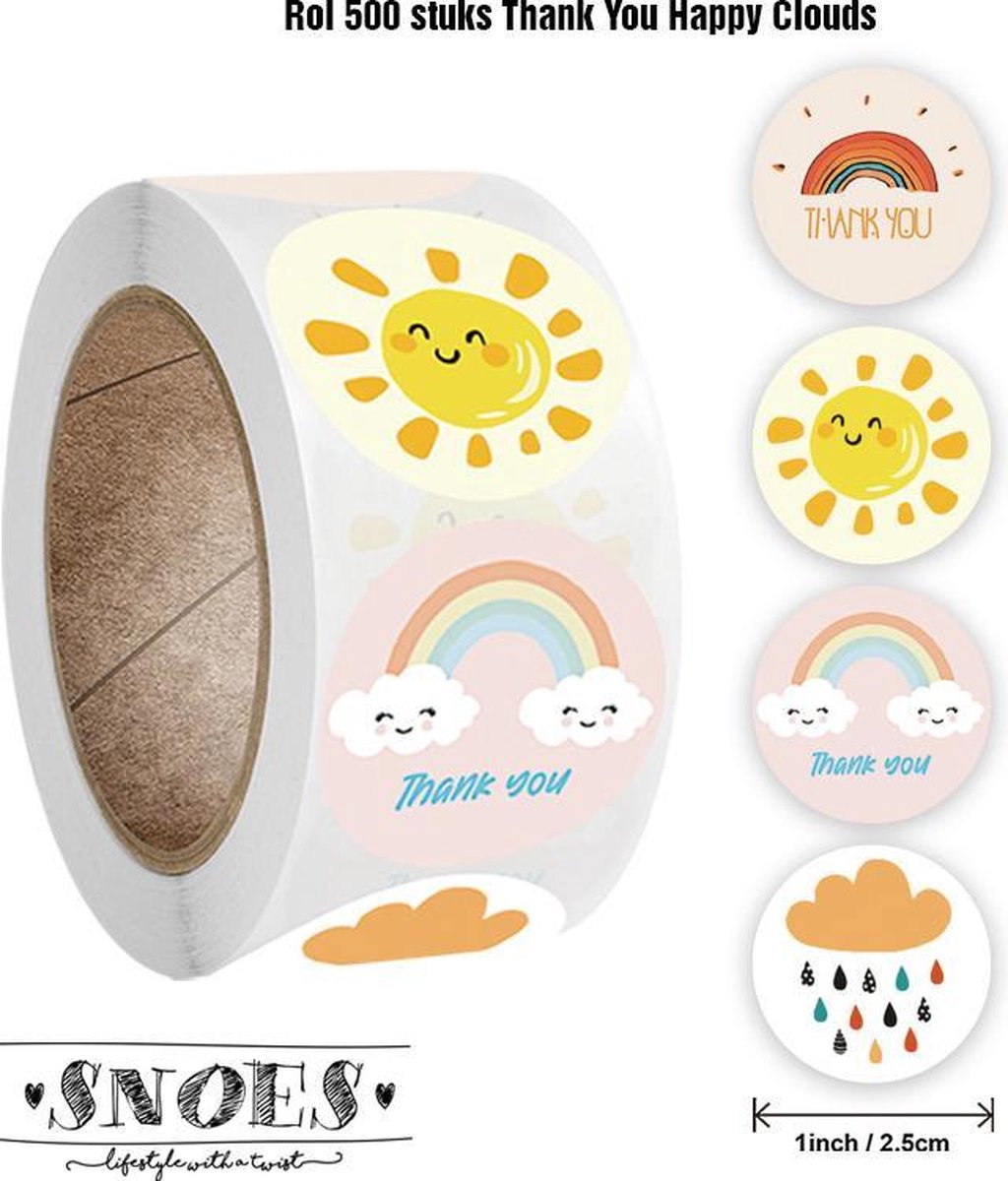Snoes - sluitstickers 500 stuks - stickerrol - Thank You Happy Clouds - Dank je vrolijke wolkjes - beloningsstickers - stickers voor kinderen - schoolspullen - onderwijs - stickervellen - peuters - kleuters  - kado - inpakken