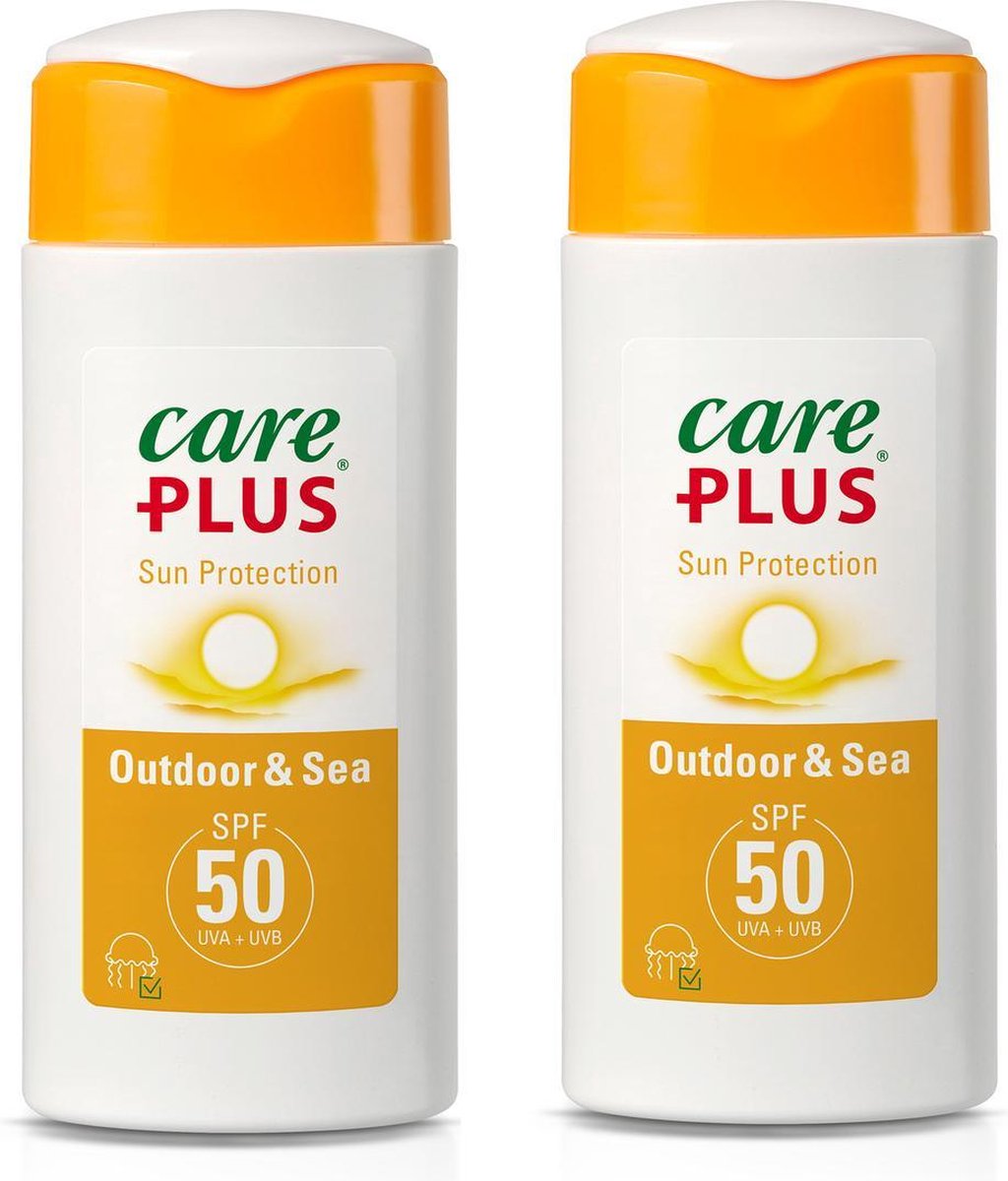 2x Care Plus zonnebrand factor 50 - SPF50 -  100 ml - Ideaal voor op reis - Beschermd ook tegen de meeste kwallenbeten